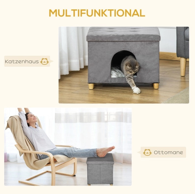 Pouf per gatti 2 in 1 con cuccia imbottita grigia