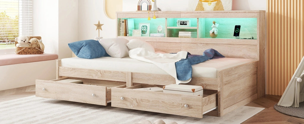 DESMIU Letto a scomparsa 90 × 200 cm 1 posto con 2 cassetti, USB, LED regolabile e 2 prese, senza materasso, naturale