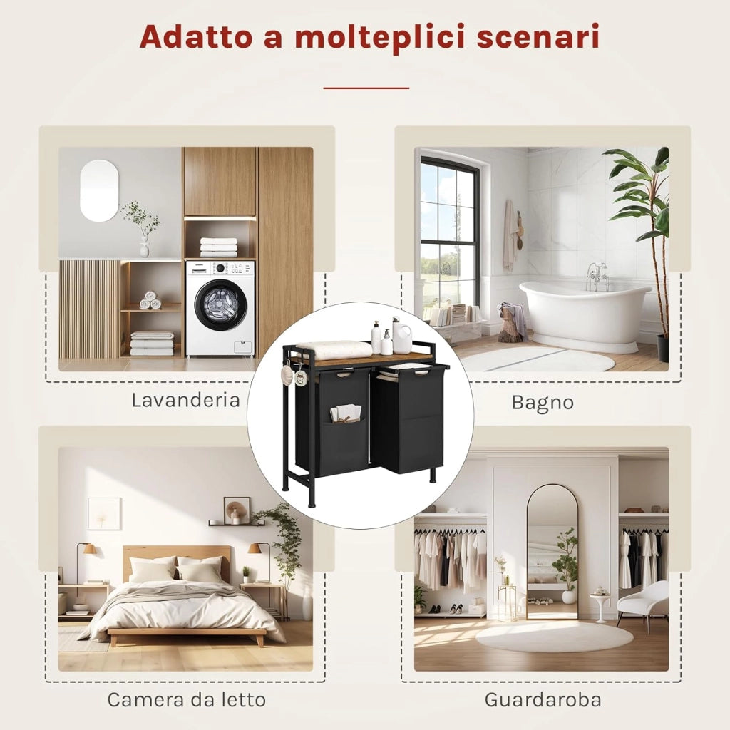 Cesta Biancheria a 2 Scomparti, Cestino Biancheria Sporca con Struttura in Metallo, Sacco per Bucato Rimovibile in Tessuto Oxford, Capacità 40L per Cesto, Nero