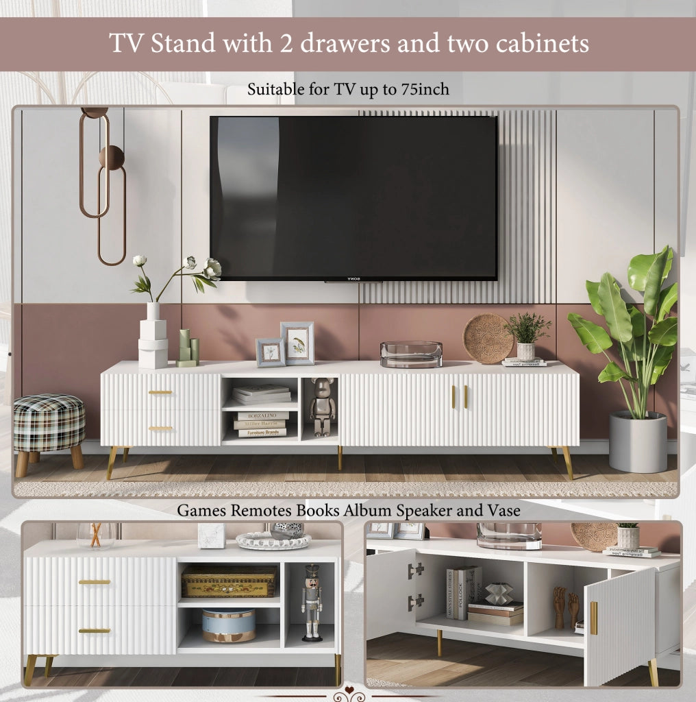 Mobile TV moderno bianco in MDF 180×35×41 cm con 2 cassetti e 2 ante