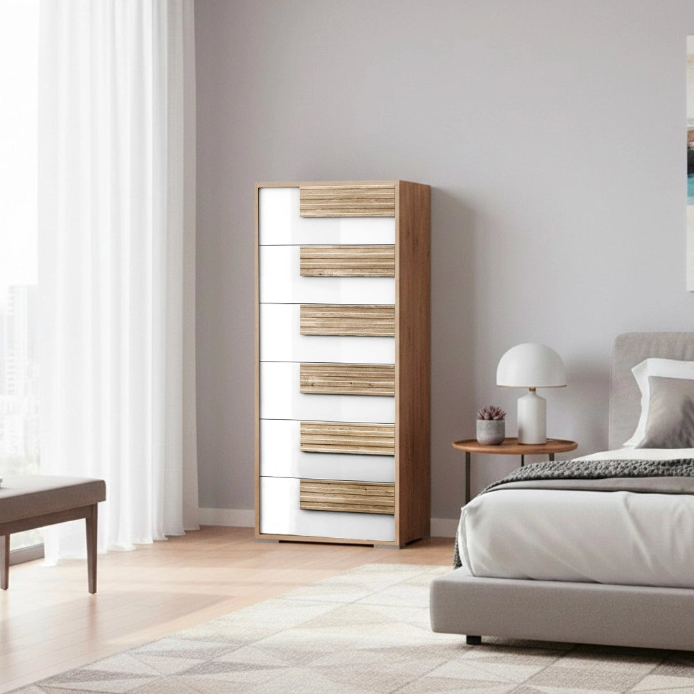 Settimino Selva 6 Cassetti rovere caramello e Bianco lucido – Calore e design contemporaneo