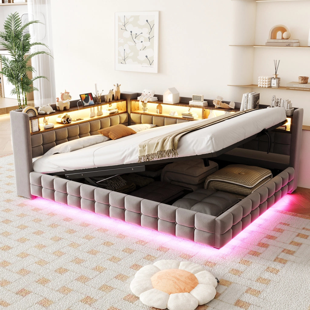 Divano letto imbottito multifunzione 140x200 cm in velluto grigio chiaro con LED e vano contenitore