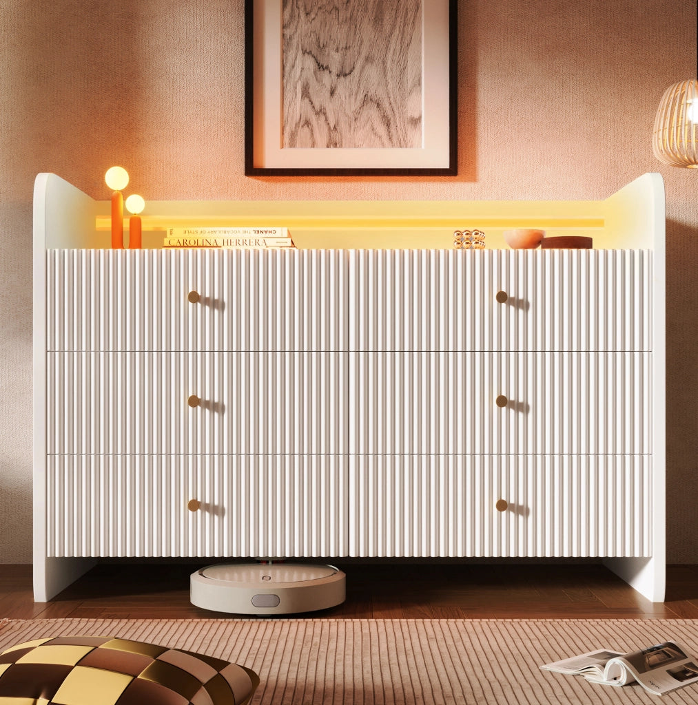 Credenza moderna con LED; 6 cassetti e vano aperto 120x40x75 cm; bianca