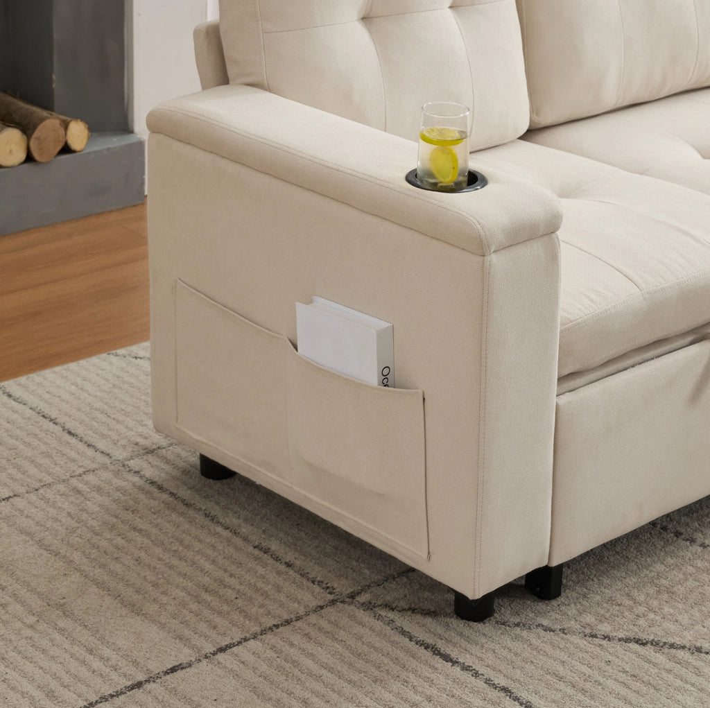 Sofa letto pieghevole 208 x 146 x 89;5 cm con contenitore nascosto; beige