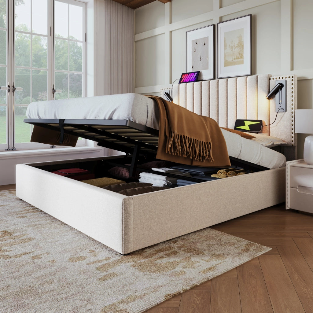 Letti contenitori 140x200 cm; testiera regolabile con luce e USB; cotone beige (Senza materasso)