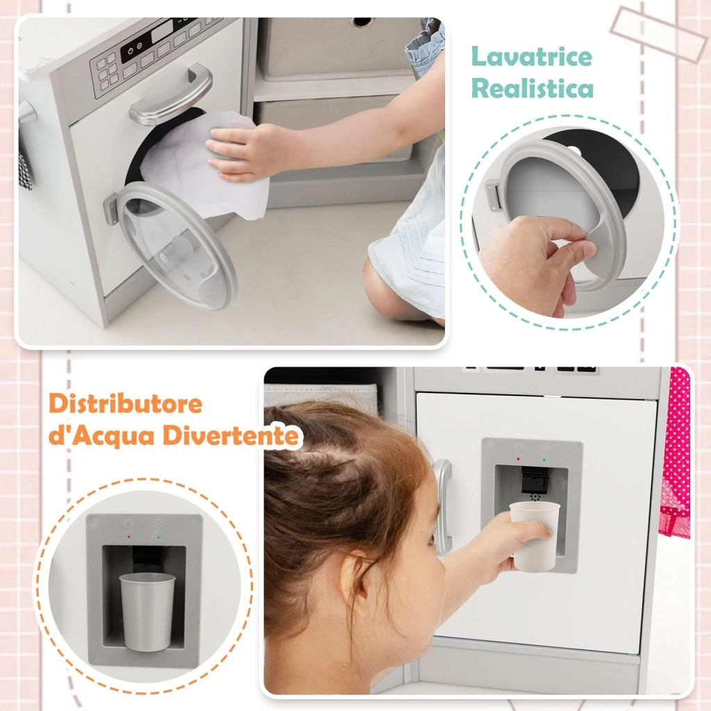 Set di Cucina Giocattolo per Bambini, con Luci e Suoni, Cappa Aspirante illuminata, Fornelli, Forno a Microonde, Distributore d'acqua e Lavatrice, Ideale per Bambini 3 Anni+ (Grigio)