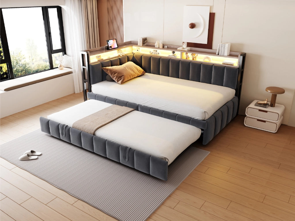 Divano letto con letto estraibile, luci LED e vani portaoggetti, porte USB e USB-C integrate, in velluto grigio scuro