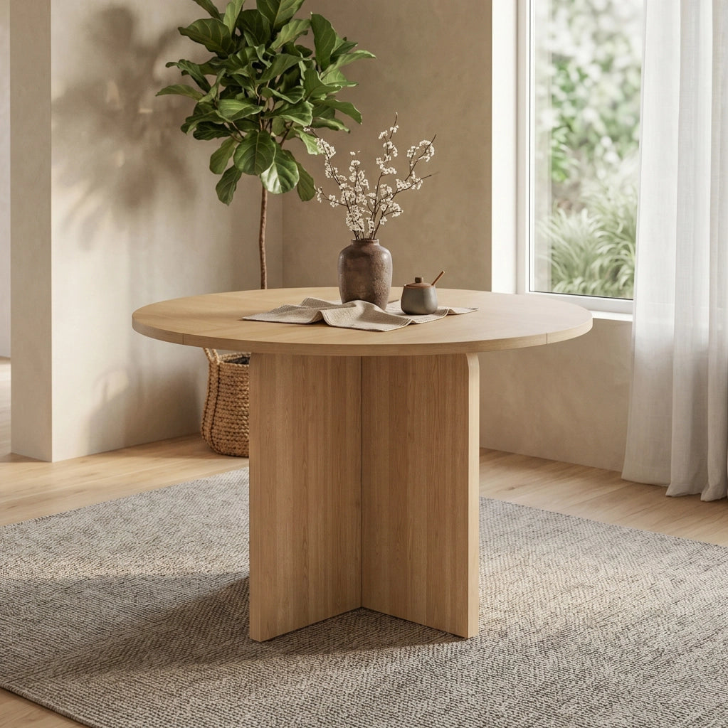 Tavolo da pranzo rotondo 120 cm; facile da montare; in MDF; naturale