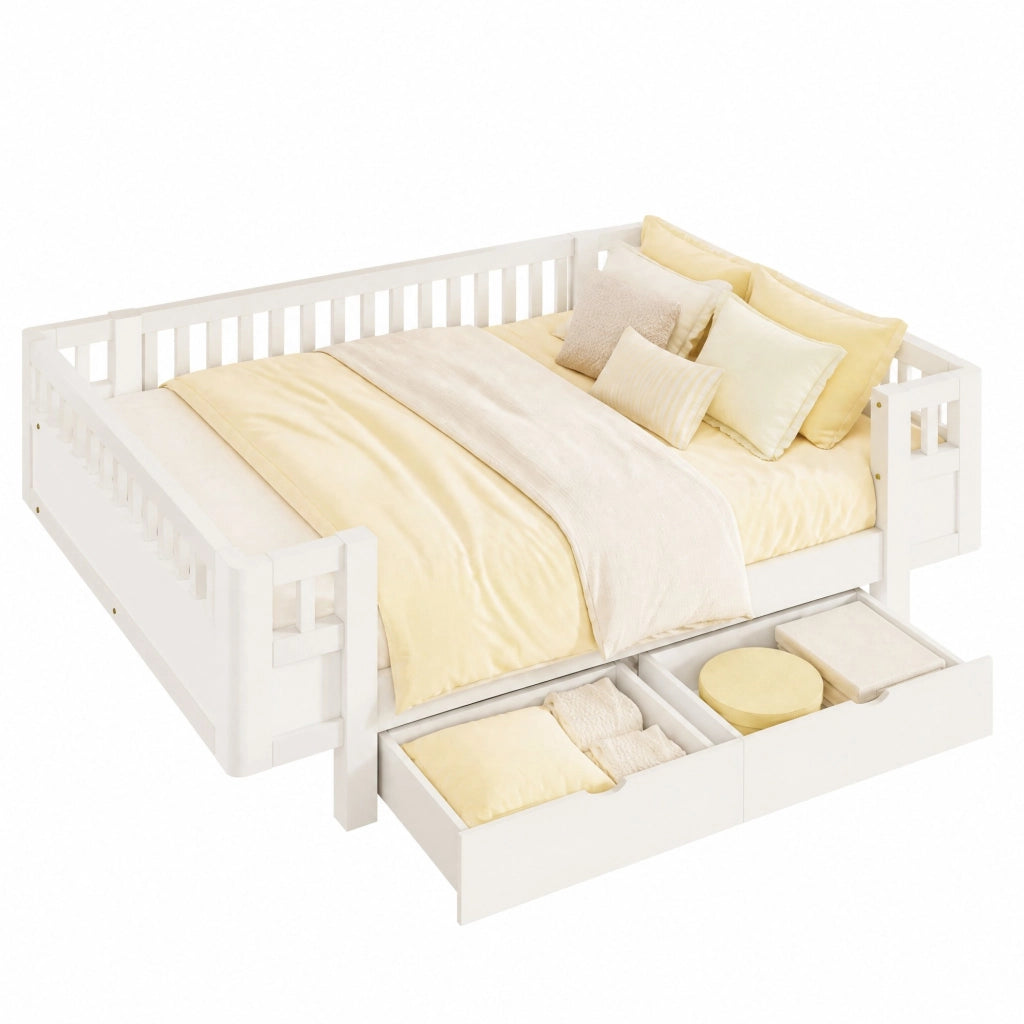 Letto a piattaforma 140x200 cm con sponde alte e due cassetti; bianco