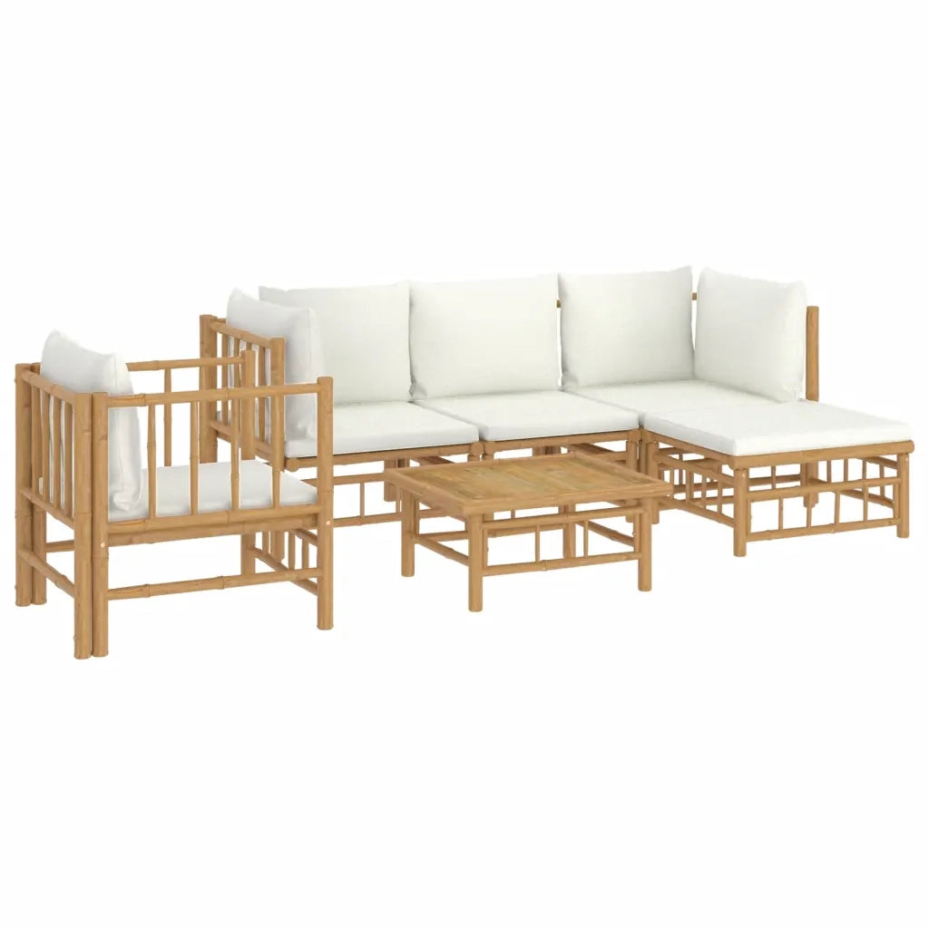 Set Salotto da Giardino 6pz con Cuscini Bianco Crema in Bambù 3155179