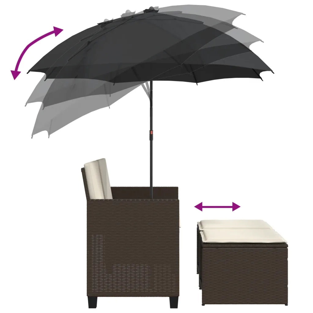 vidaXL Divano Giardino 2Posti Ombrellone e Sgabelli Marrone Polyrattan