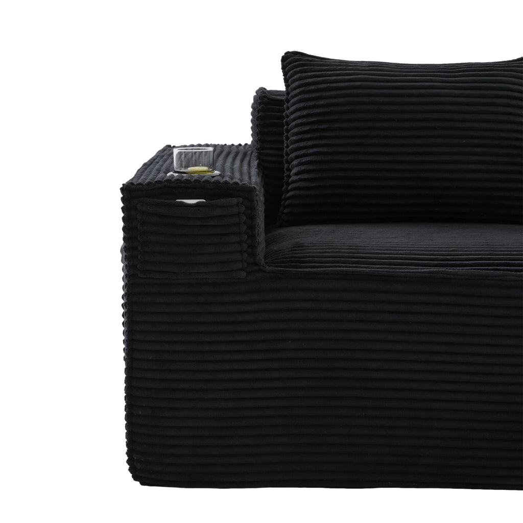 Divano modulare a 2 posti in velluto a coste con portabicchieri e tasche laterali nero per soggiorno 188 × 90 × 75 cm