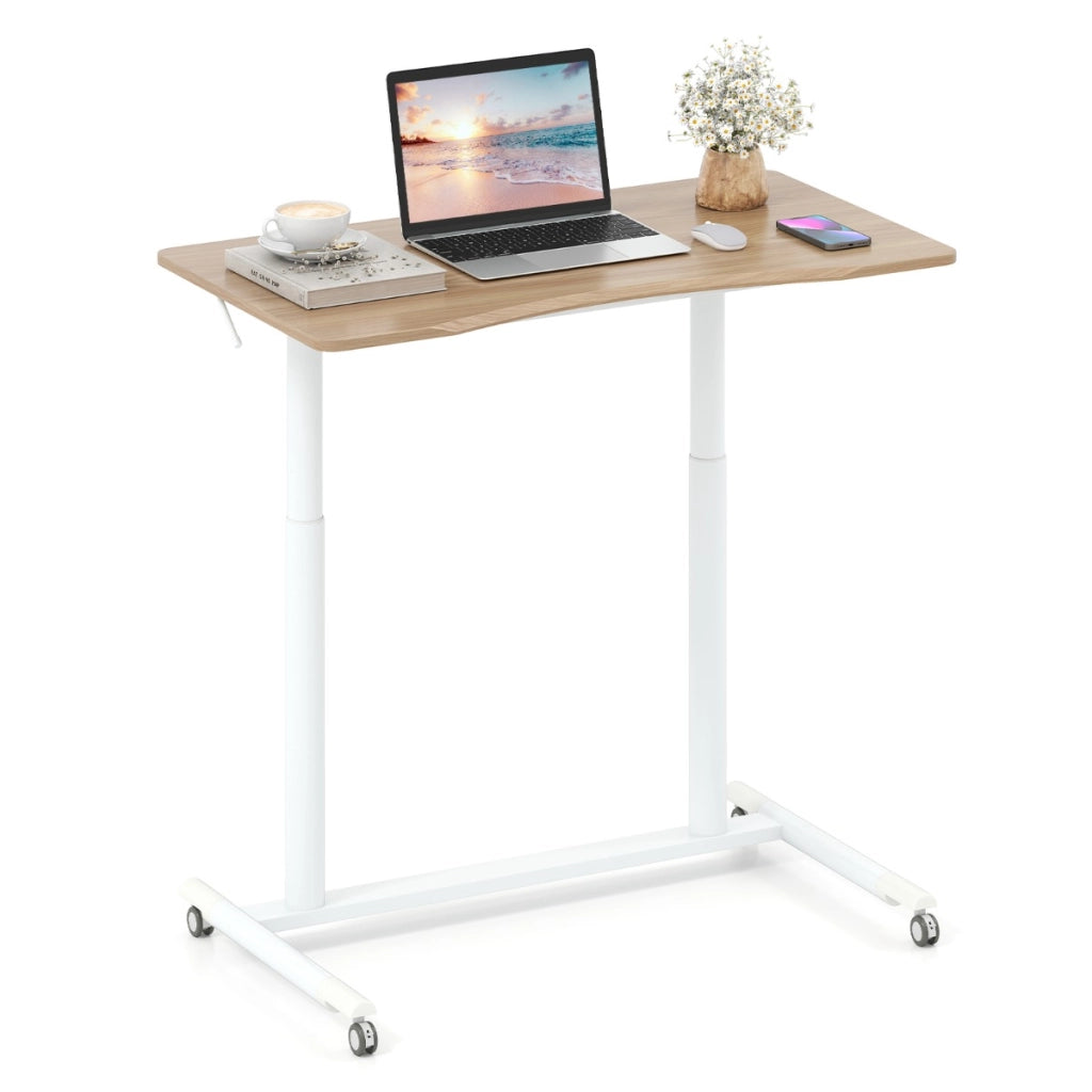 Tavolo portatile per laptop con ruote bloccabili e struttura in metallo per spazi ridotti-Scrivania mobile regolabile in altezza a forma di C Naturale