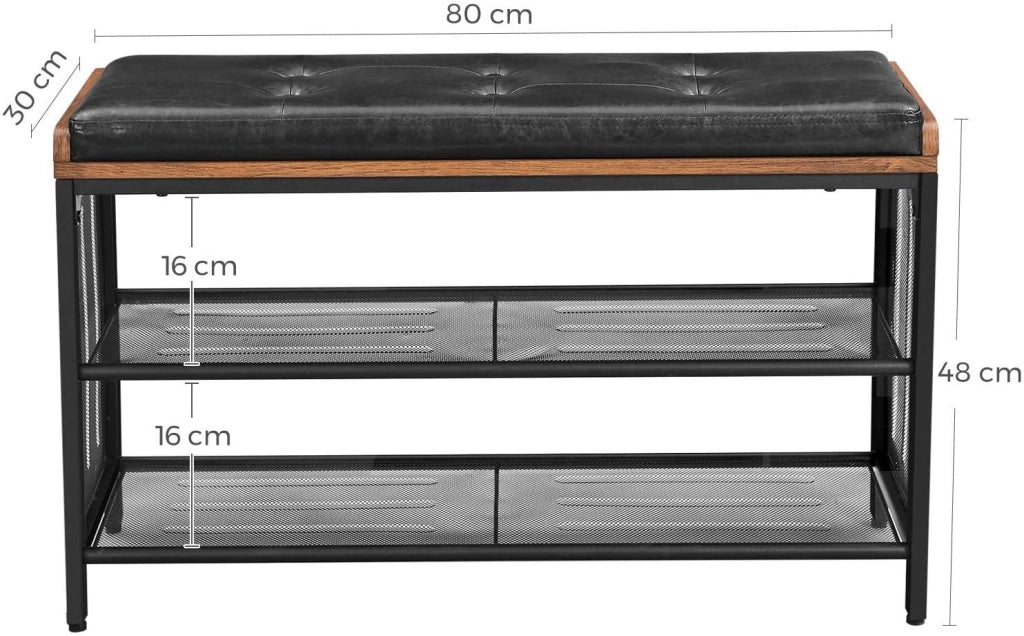 Panca portascarpe panca imbottita con ripiani in rete scarpiera corridoio/ingresso salvaspazio stile industriale metallo sintetico 80 cm nero/marrone rustico 12_0000209