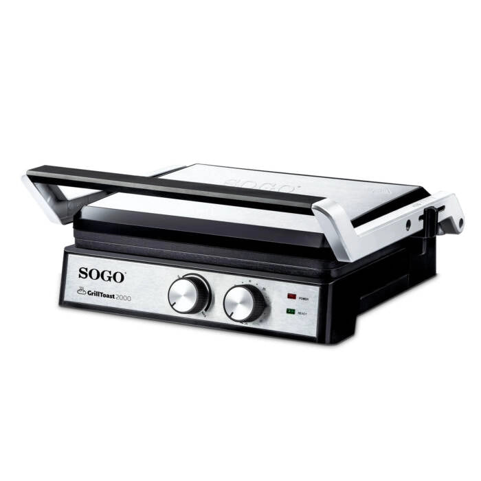 Piastra grill elettrica 2000W apribile 180°, piastre antiaderenti ceramiche con termostato e vassoio raccogli grasso - Sogo