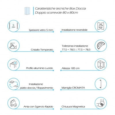 Box doccia 80x80 angolare doppio scorrevole con vetro temperato trasparente e profili cromo Geo