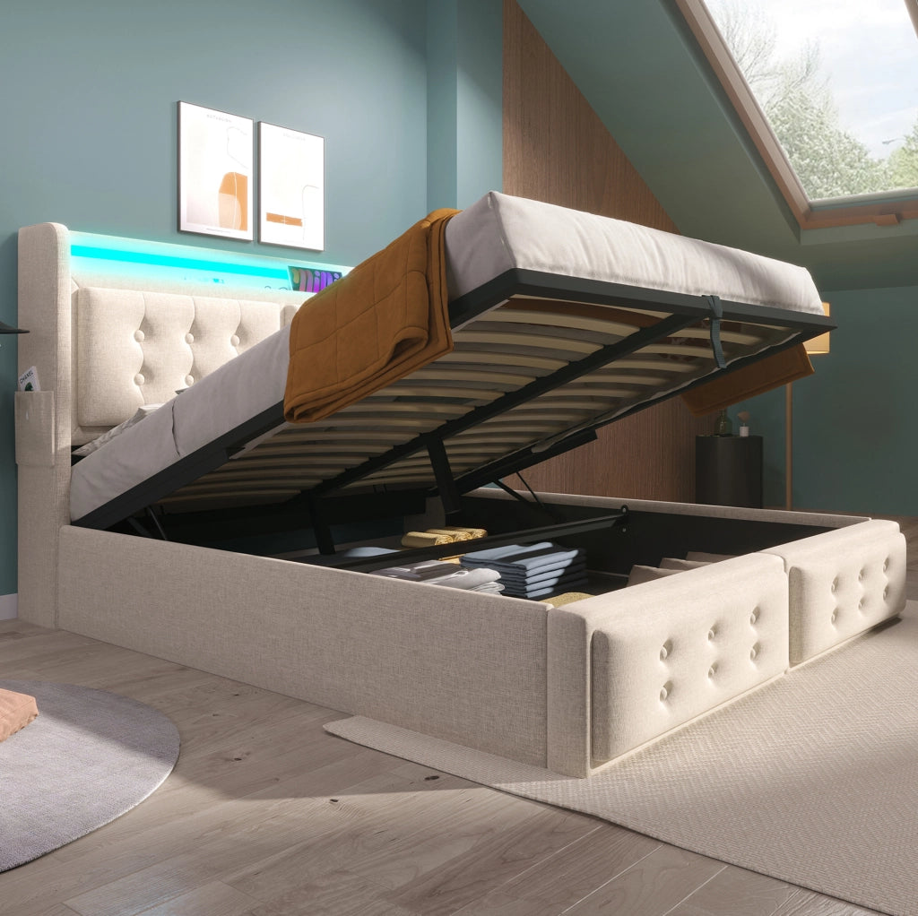Letto matrimoniale 140x200 cm con LED; USB-C e contenitore; beige