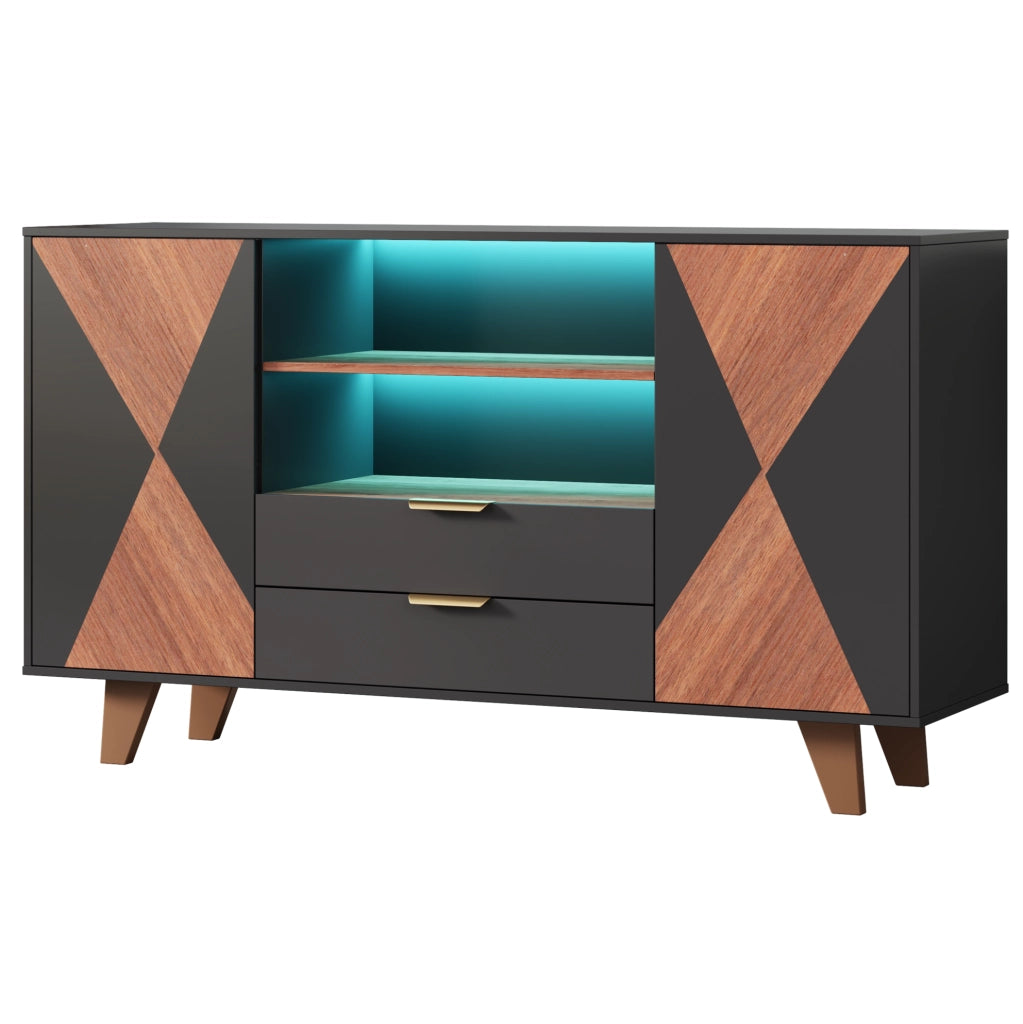 Credenza da cucina 150x40x90 cm in MDF naturale e nero con LED RGB e 2 cassetti