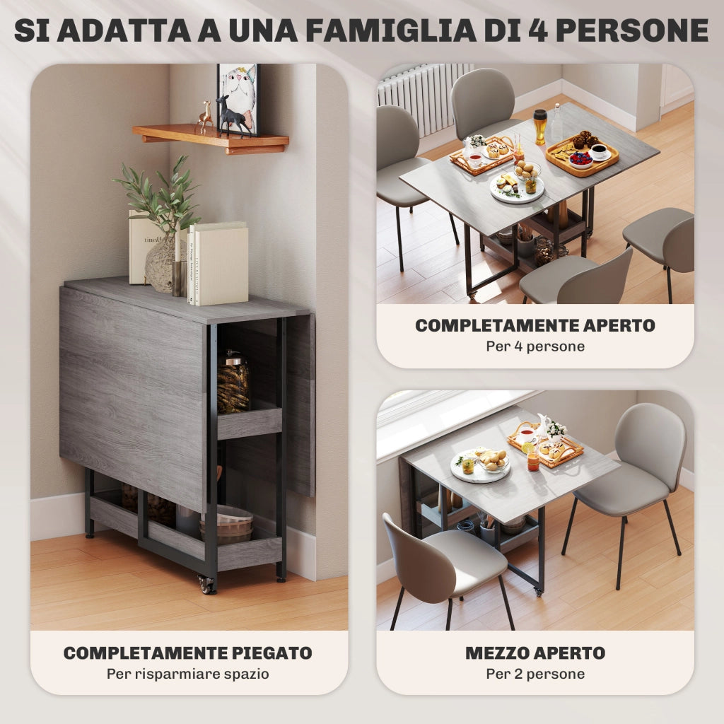 Tavolo Pieghevole Salvaspazio ¨C Xylo ¨C Legno e Metallo Grigio 133.4x80x75 cm con 2 Ripiani