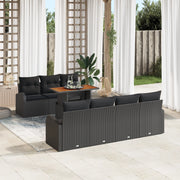 Set da Pranzo da Giardino 8 Pezzi con Cuscini Nero Polyrattan Acacia