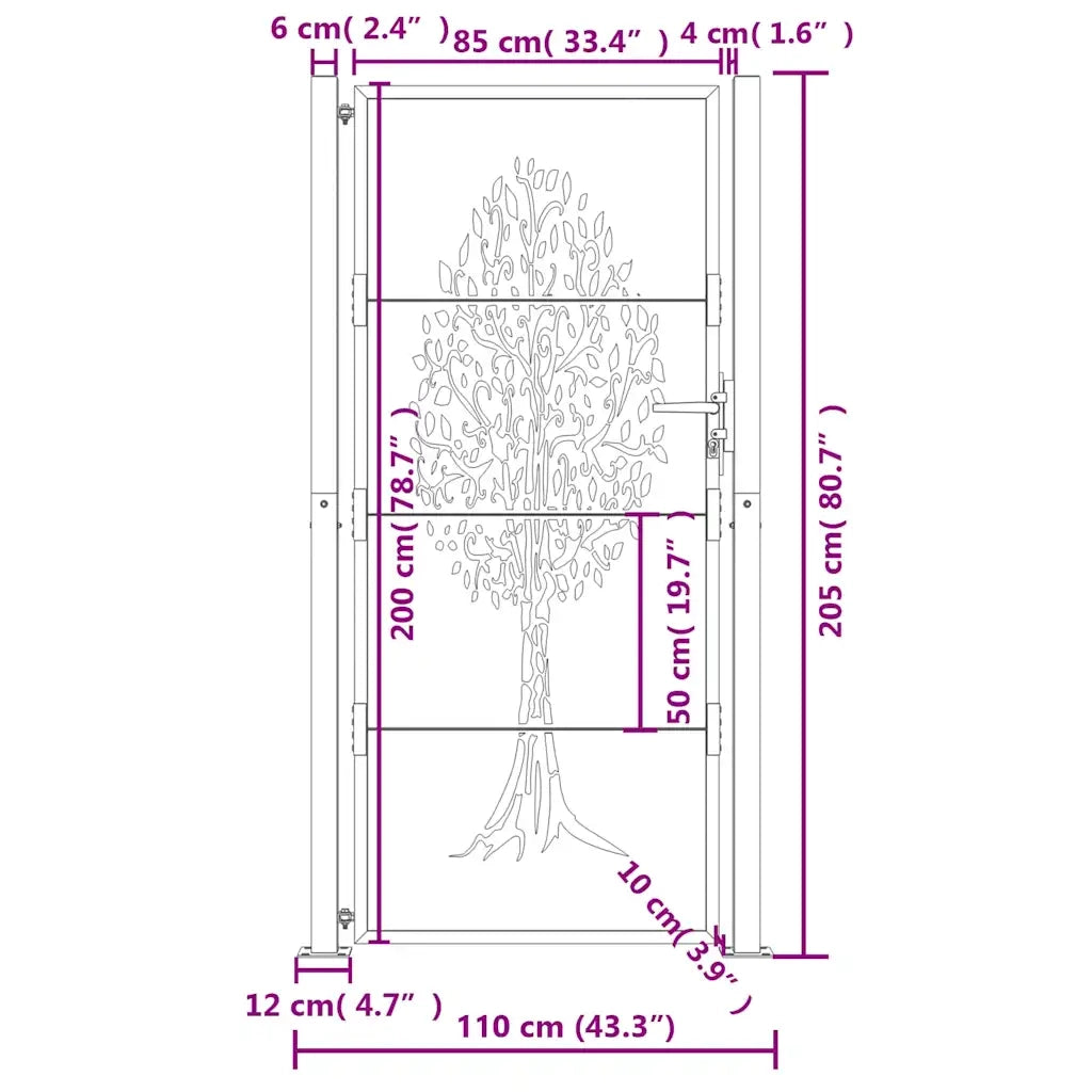 Cancello da giardino antracite 100x200 cm in acciaio con design ad albero CFW4159535