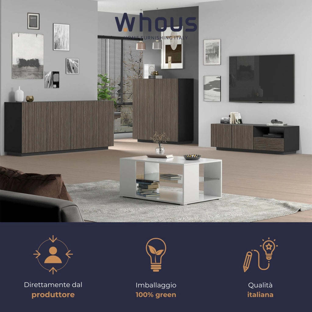WHOUS Credenza Coste a 2 ante effetto cannetè antracite opaco e legno scuro 120x43x126 cm
