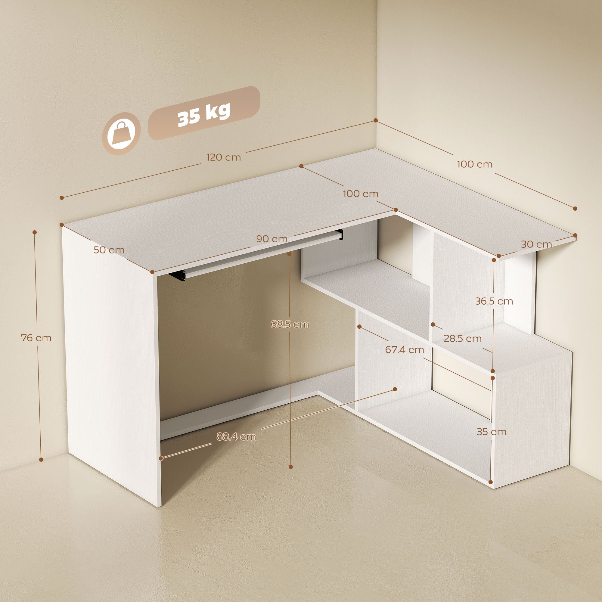 Scrivania Angolare Moderna 120x100x76 cm con Ripiano Scorrevole per Tastiera e Scaffale a 4 Ripiani Bianco