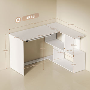 Scrivania Angolare Moderna 120x100x76 cm con Ripiano Scorrevole per Tastiera e Scaffale a 4 Ripiani Bianco