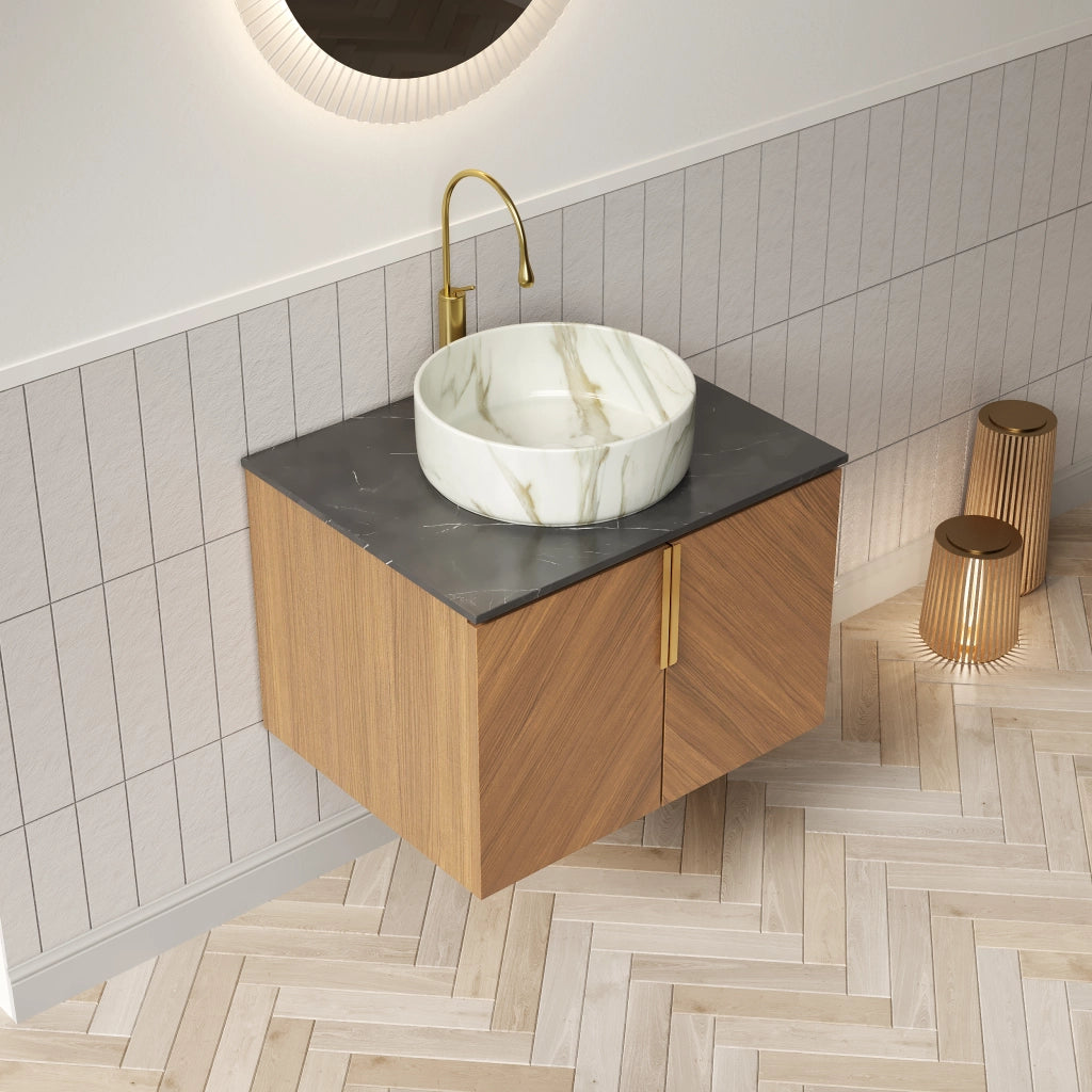Mobile sottolavabo con 2 ante e lavabo in ceramica, piano in pietra sinterizzata, effetto rovere, per bagno, 61 cm