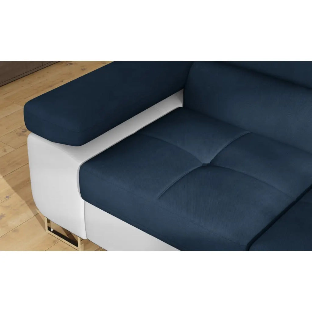 Divano angolare trasformabile MENTON blu scuro e bianco bouclé - Angolo destro con contenitore