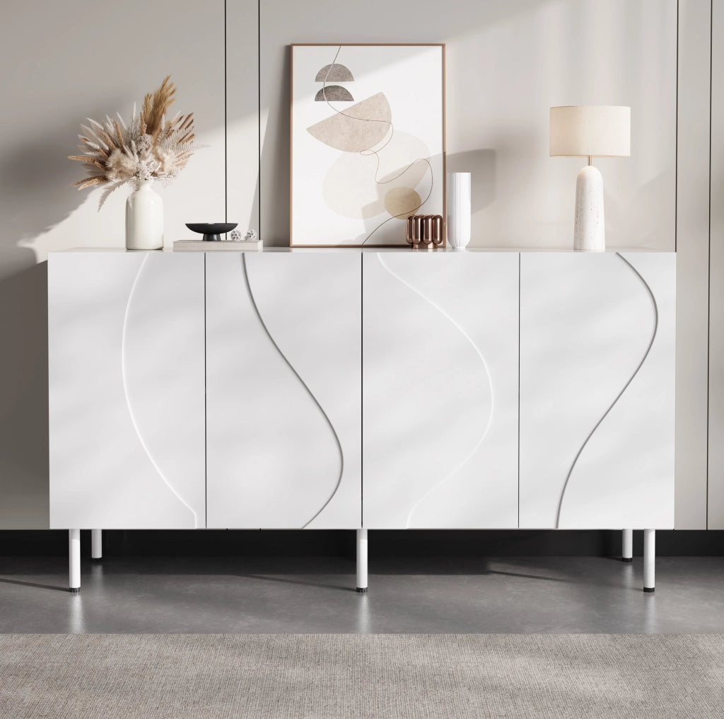 Sideboard moderno bianco 140x40x77;5 cm in PB e MDF; 4 ante con apertura push-to-open