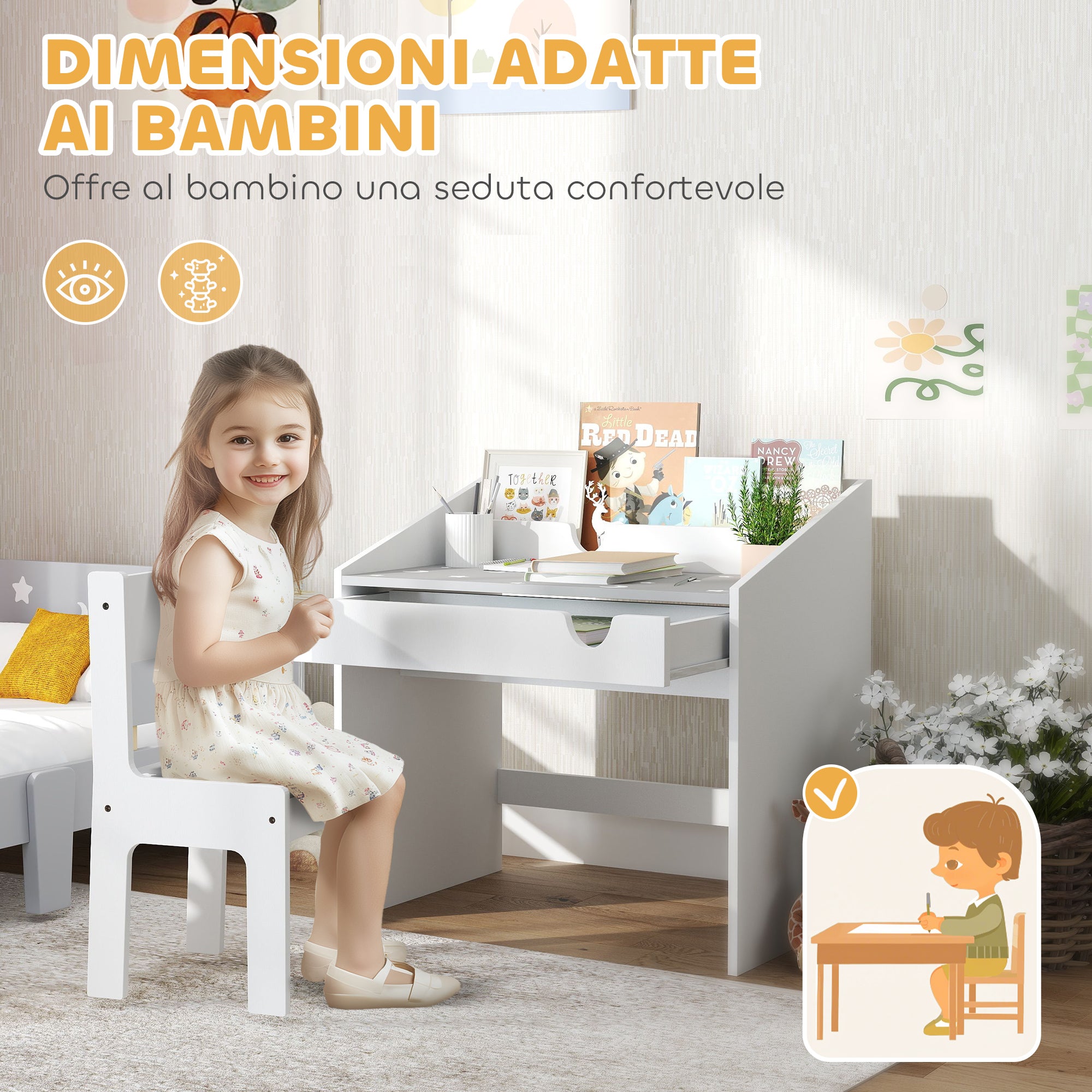 Banco Scuola con Sedia per Bambini 3-6 Anni 69x50x75 cm con Ripiano e Cassetto in MDF Grigio