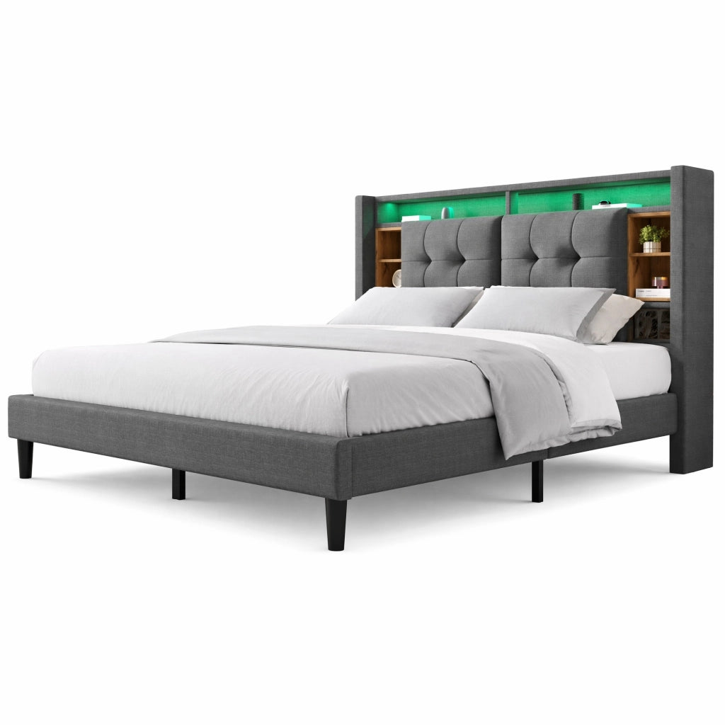 Letto matrimoniale imbottito 160x200 cm con testiera contenitore; USB e LED; grigio