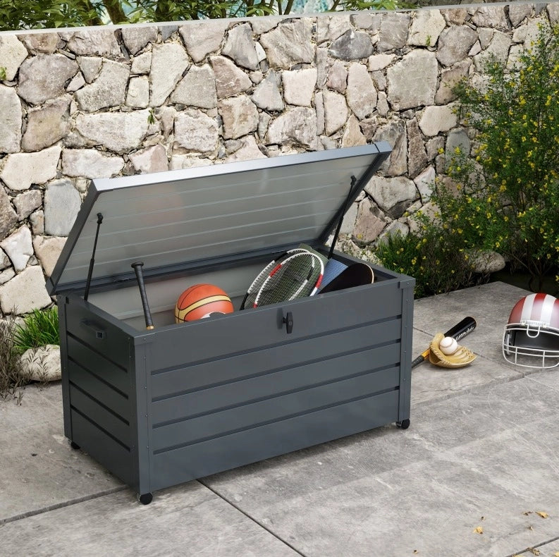 Box da giardino impermeabile in acciaio 311 L con ruote e coperchio chiudibile; grigio scuro
