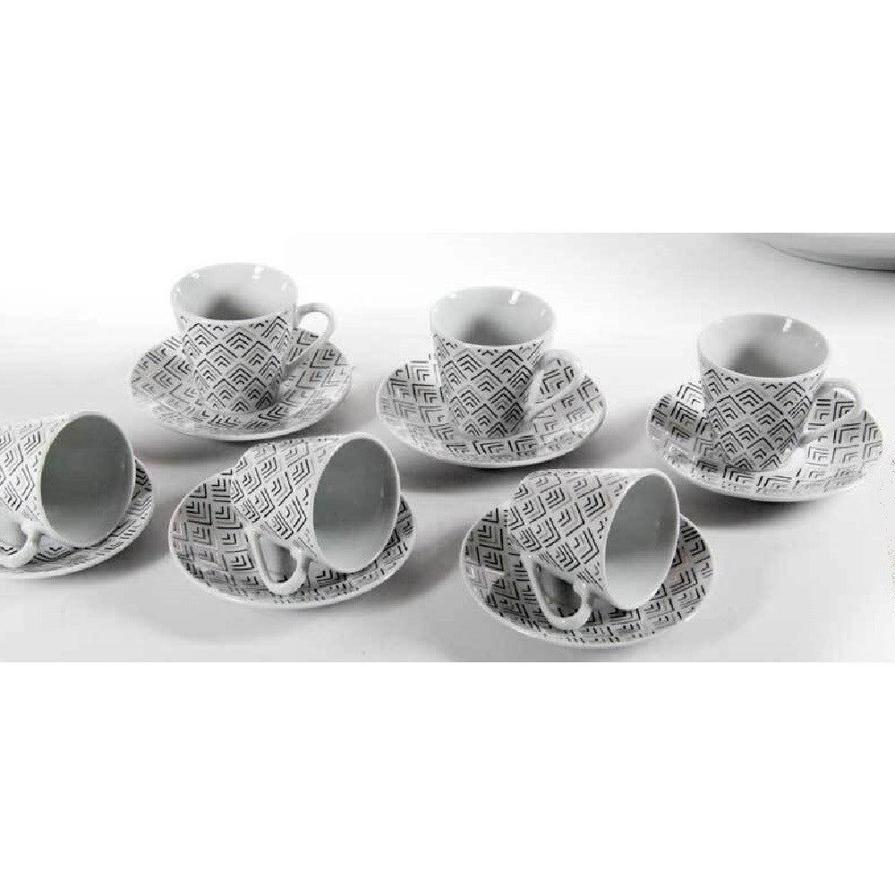 Trade Shop - Set 6 Pz Tazzine Caffè Con 6 Piattini Bianco Deco In Porcellana Decorate 780776 -