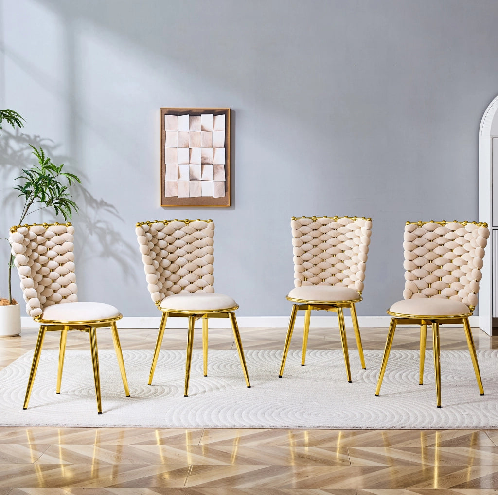 Sedia da pranzo in velluto beige con gambe dorate