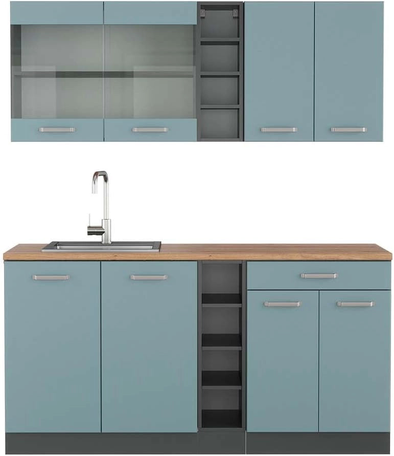 Cucina completa R-Line, Blu-grigio/antracite, 160 cm, PL Rovere, adatto per l'espansione individuale con moduli aggiuntivi