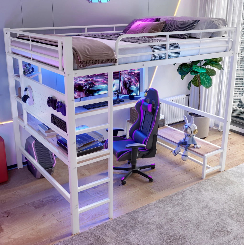 Letto a soppalco 140x200 cm con scrivania; LED e prese USB e Type-C in metallo bianco