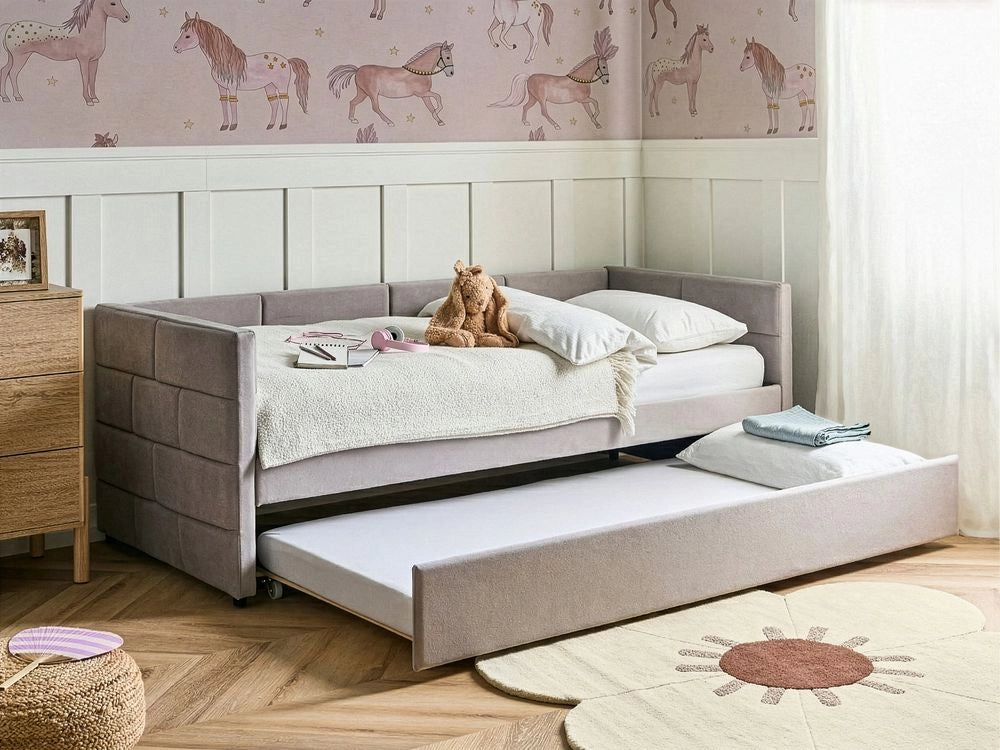Letto singolo con secondo letto a scomparsa in velluto e telaio con doghe grigio chiaro 90x200cm camera da letto cameretta