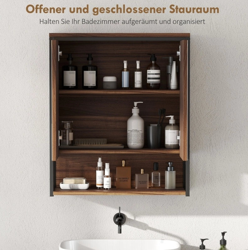 Mobiletto da bagno sospeso in MDF e truciolato marrone con specchio 25x40,5 cm