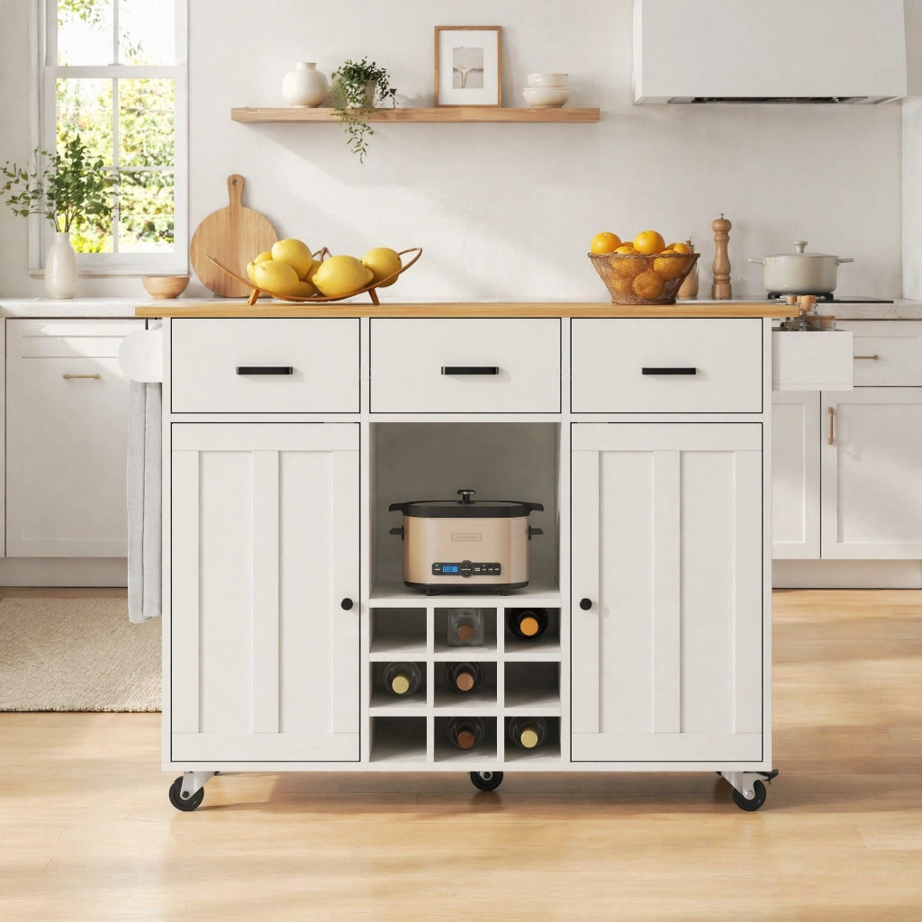 Carrello da Cucina con 3 Cassetti; 2 Ante; Piano Pieghevole; Portasciugamani e Portaspezie; Bianco