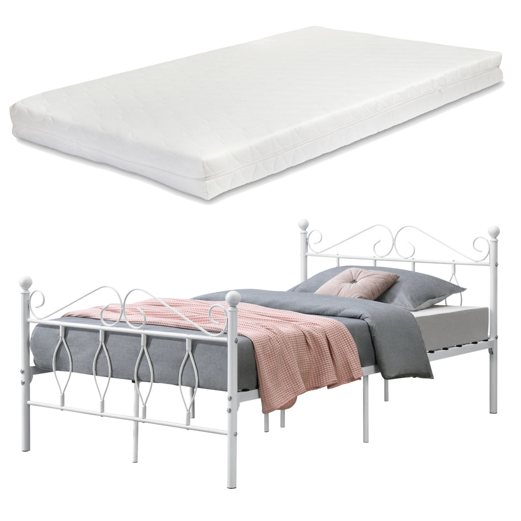 Struttura Letto in Metallo con Testiera e Pediera in Stile Romantico/Classico con Materasso 120 x 200 cm Letto 1 Piazza e Mezza - Bianco
