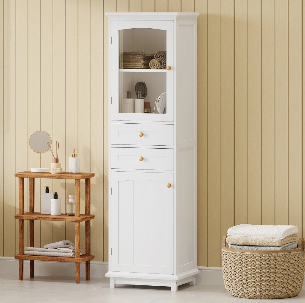 Mobile da bagno in MDF bianco con anta in vetro, 2 cassetti e ripiano regolabile