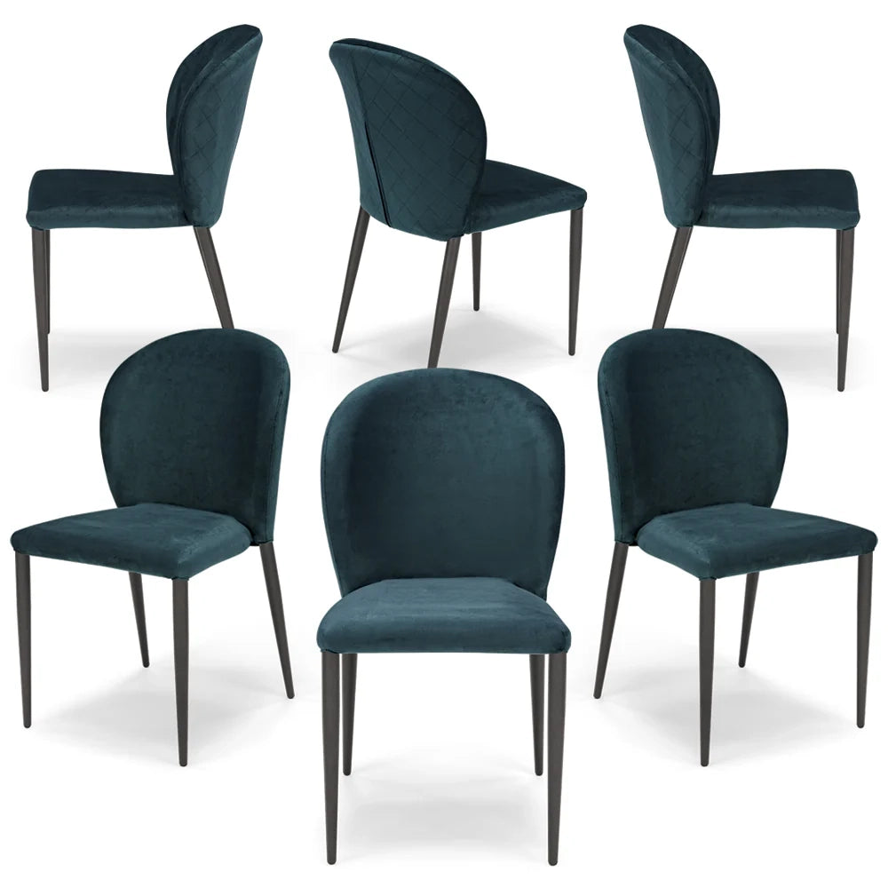 Set 6 sedie da pranzo imbottite in velluto GHIBLI LUX MADE IN ITALY, schienale a poltroncina, gambe robuste in metallo, design moderno, tessuto idrorepellente, colore Blu Notte