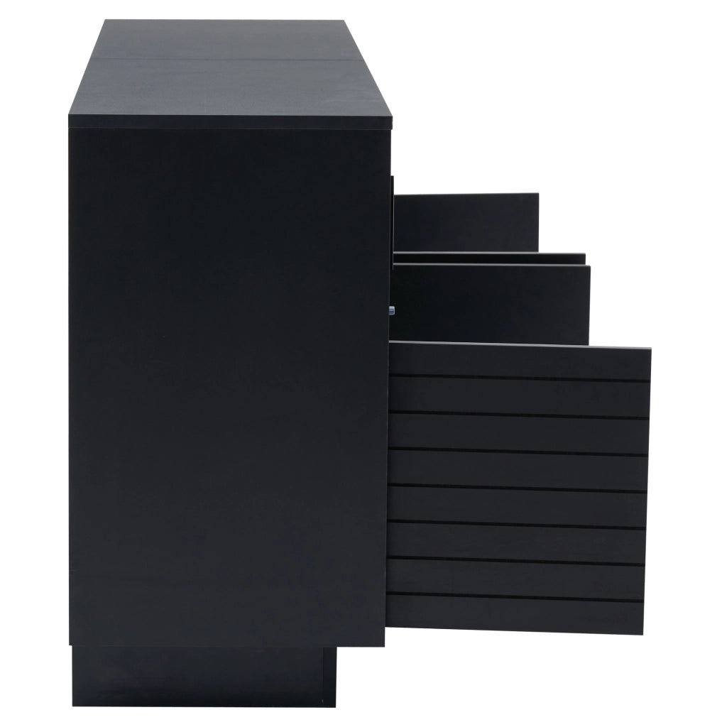 Credenza 130x35x68 cm con LED e ante scorrevoli in vetro; truciolato e vetro temperato nero