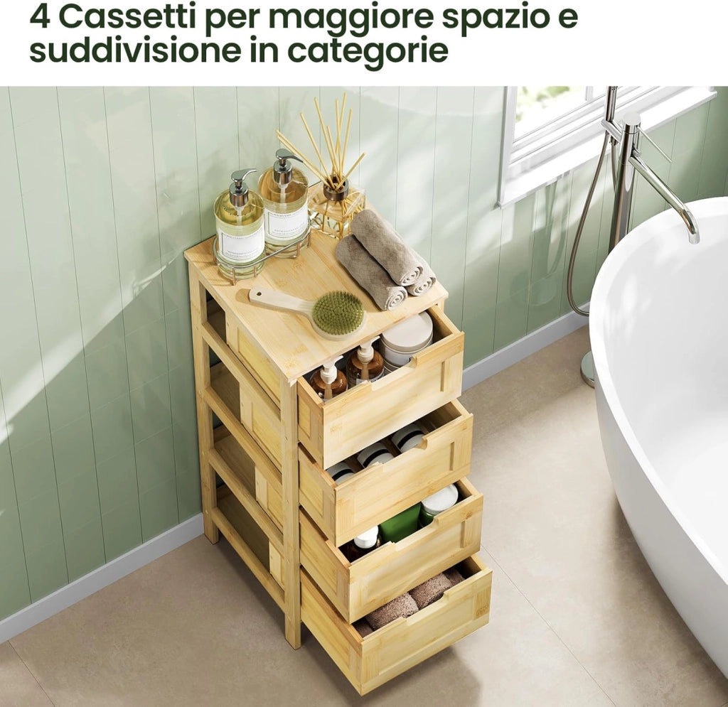 Mobile da Bagno Freestanding in Bambù con 4 Cassetti, Mobiletto per Soggiorno, Studio, Camera da Letto, 30x30x80cm, Colore Naturale del Bambù