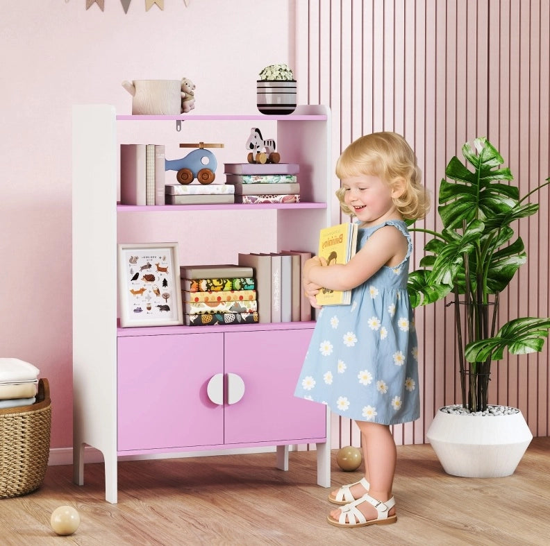 Libreria per bambini ULEVR 60x35x100 cm con ripiani aperti e vani chiusi, kit antiribaltamento, rosa