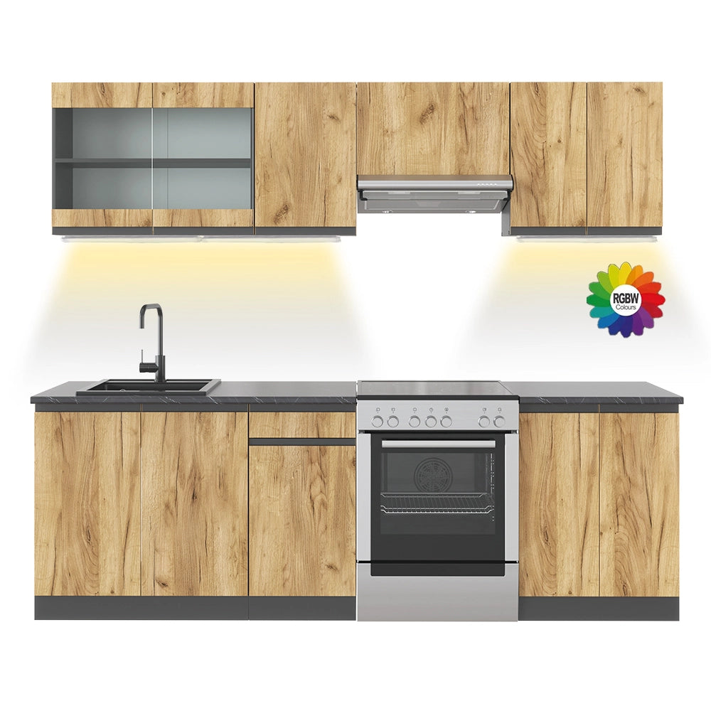 Cucina componibile Raul Rovere dorato/Antracite 240 cm senza piano di lavoro con striscia LED Vicco