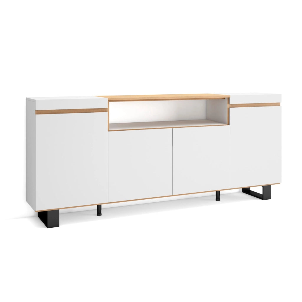 Credenza, Mobile, Cucina, 200x87x35cm, 4 Porte, Design industriale, Bianco e Rovere soft