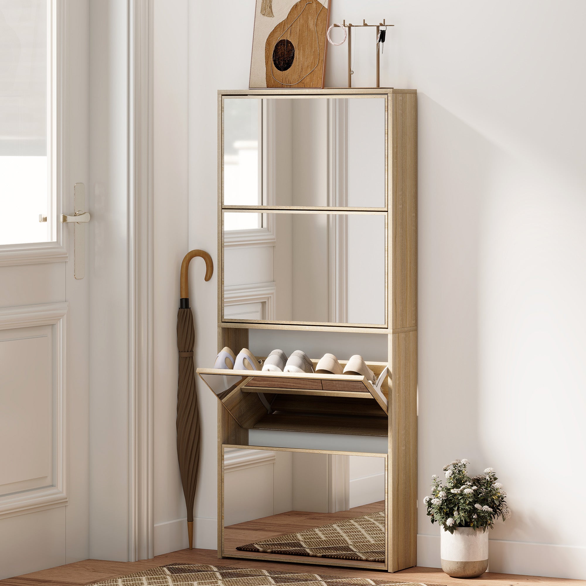 Scarpiera a Specchio 63x17x146 cm a 4 Ante Antiribaltamento in Legno color Legno